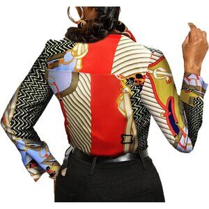 Women Red Blouses Button Down Shirts Colorful Long Sleeve Floral Print Tops